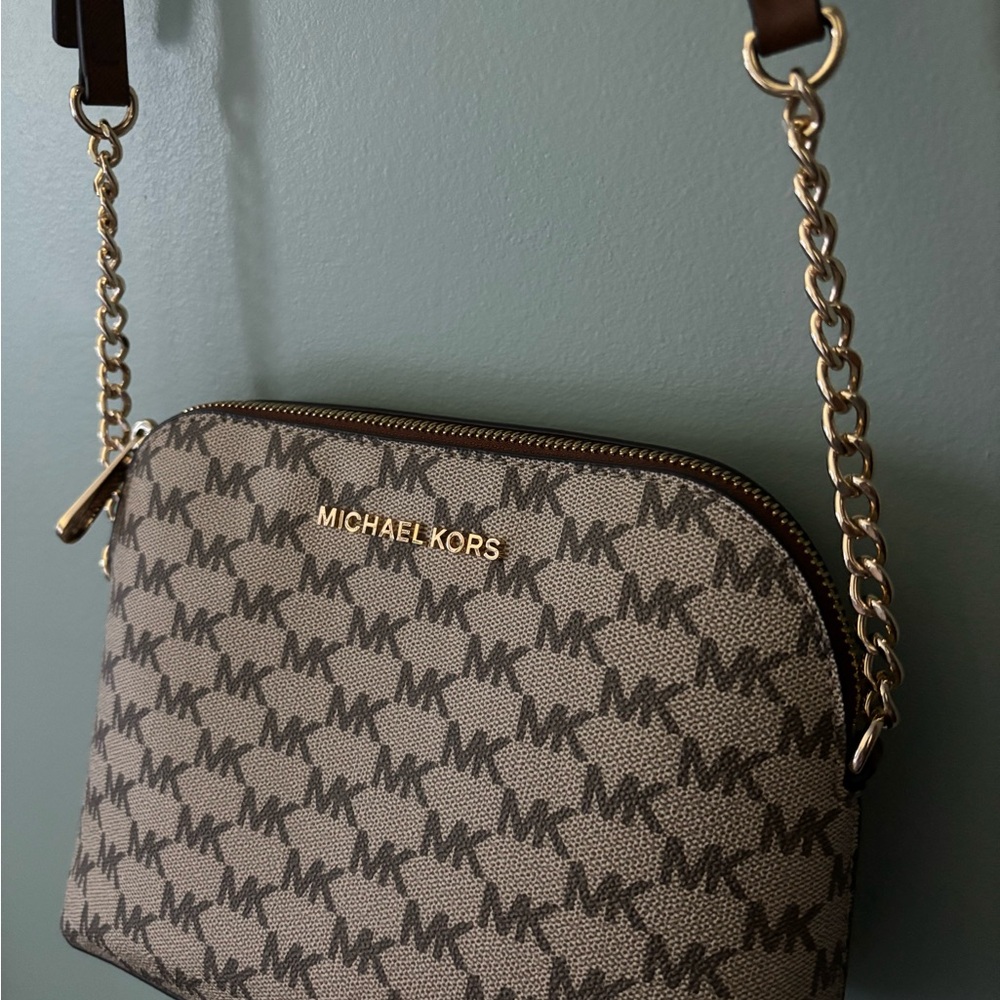 Michael Kors Brown and Gold Crossbody Bag with Monogram Print